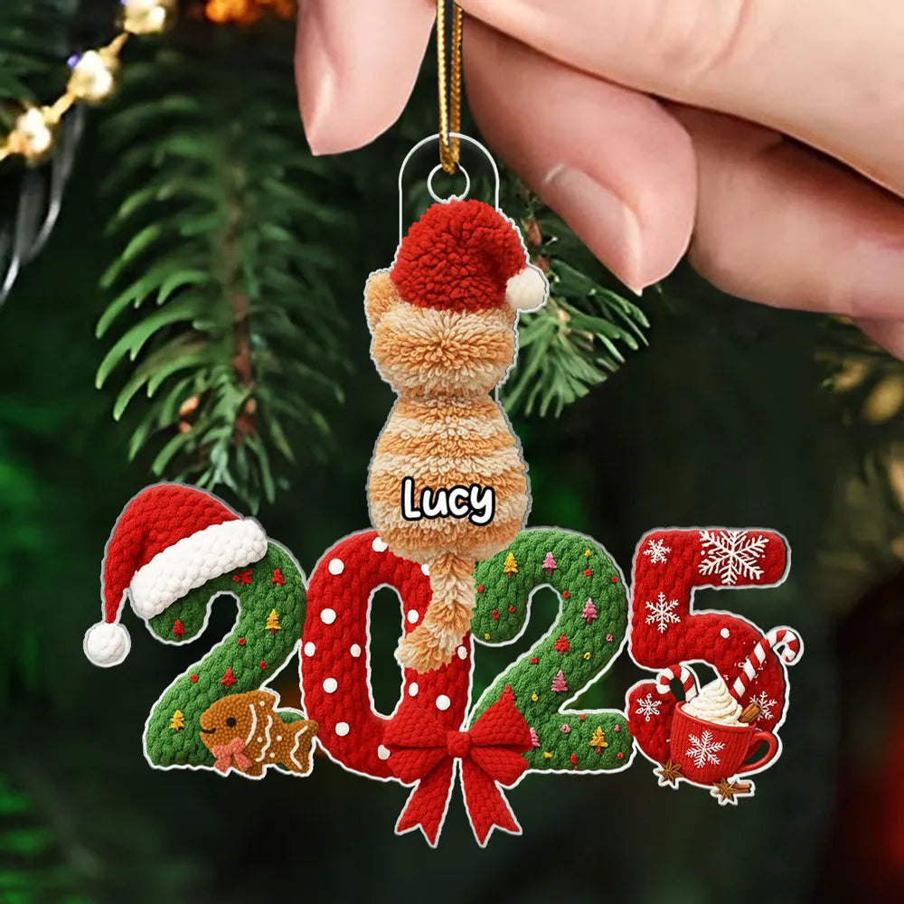 2025 Cat Lovers 3D Faux Yarn Effect - Personalized Acrylic Ornament - Christmas Gift for Cat Moms, Cat Dads