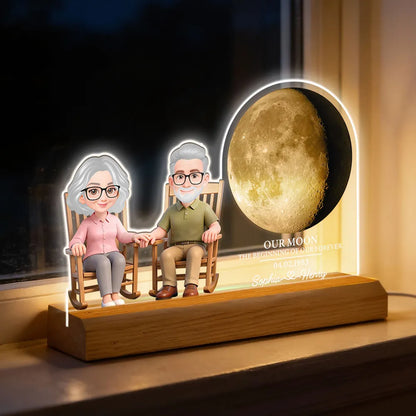 Old Couple Sitting On Rocking Chair Custom Moon Phase - Personalized 3D LED Light - Valentine's Day, Anniversary Gift For Couple