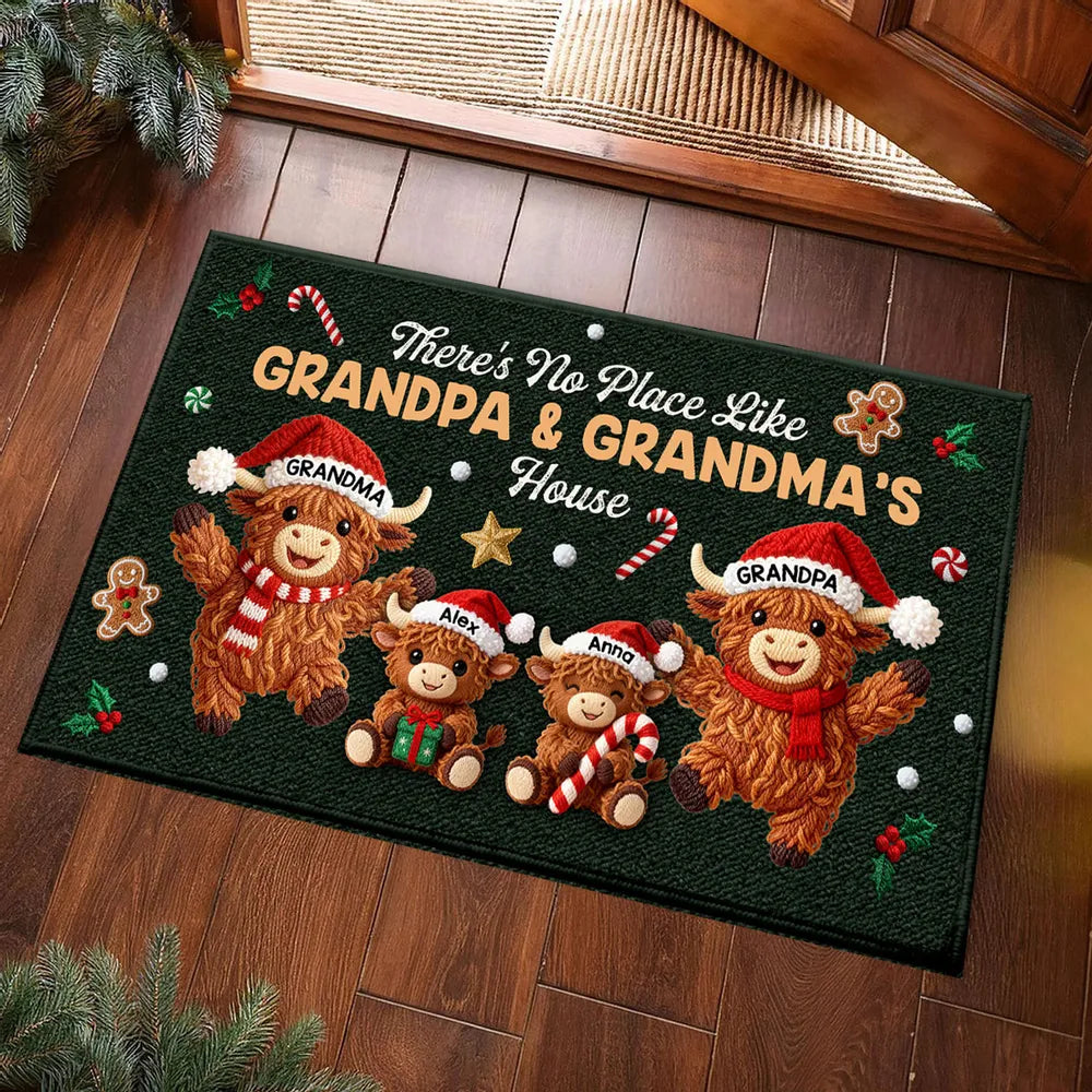 3D Faux Crochet Effect Christmas Grandma Grandkids Highland Cow Together - Personalized Doormat - Christmas Gift For Grandpa & Grandpa
