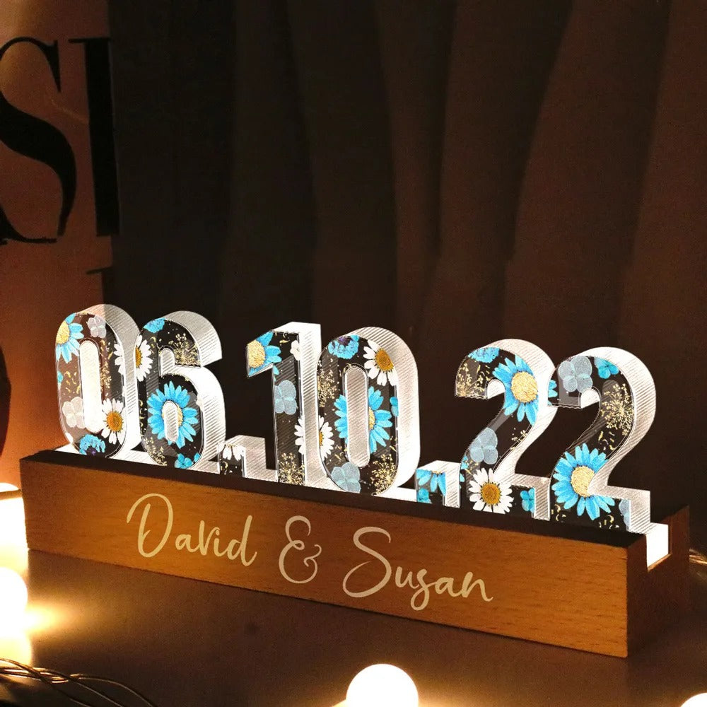 Couple Engagement Anniversary Date Flowers Personalized Custom LED Night Light, Gift for her, Gift for him