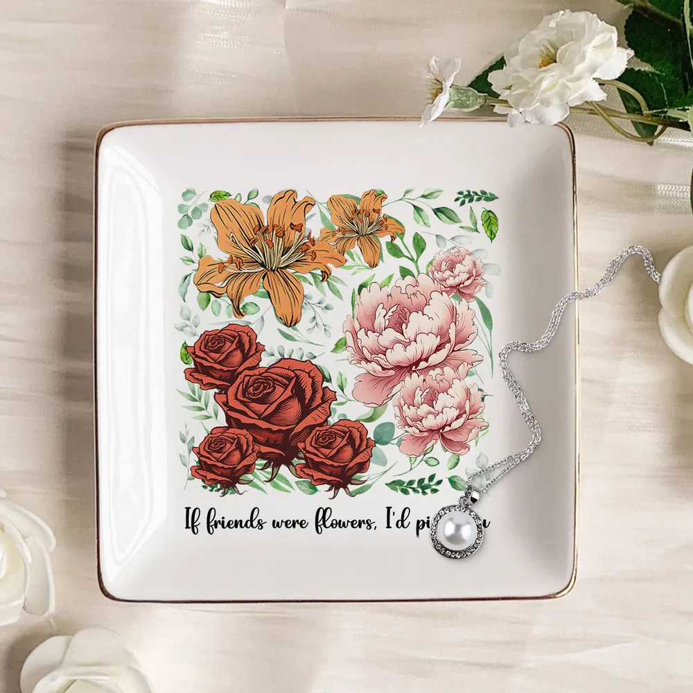 Sisters Besties In Bloom Birth Month Flowers - Personalized Jewelry Plate - Gift For Friends, Besties