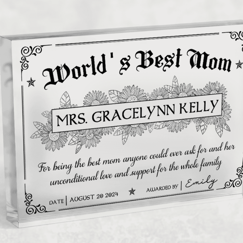 World's Best Mom Award Certificate - Personalized Acrylic Plaque - Gift For Mom, Mother's Day Gift, Birthday Gift