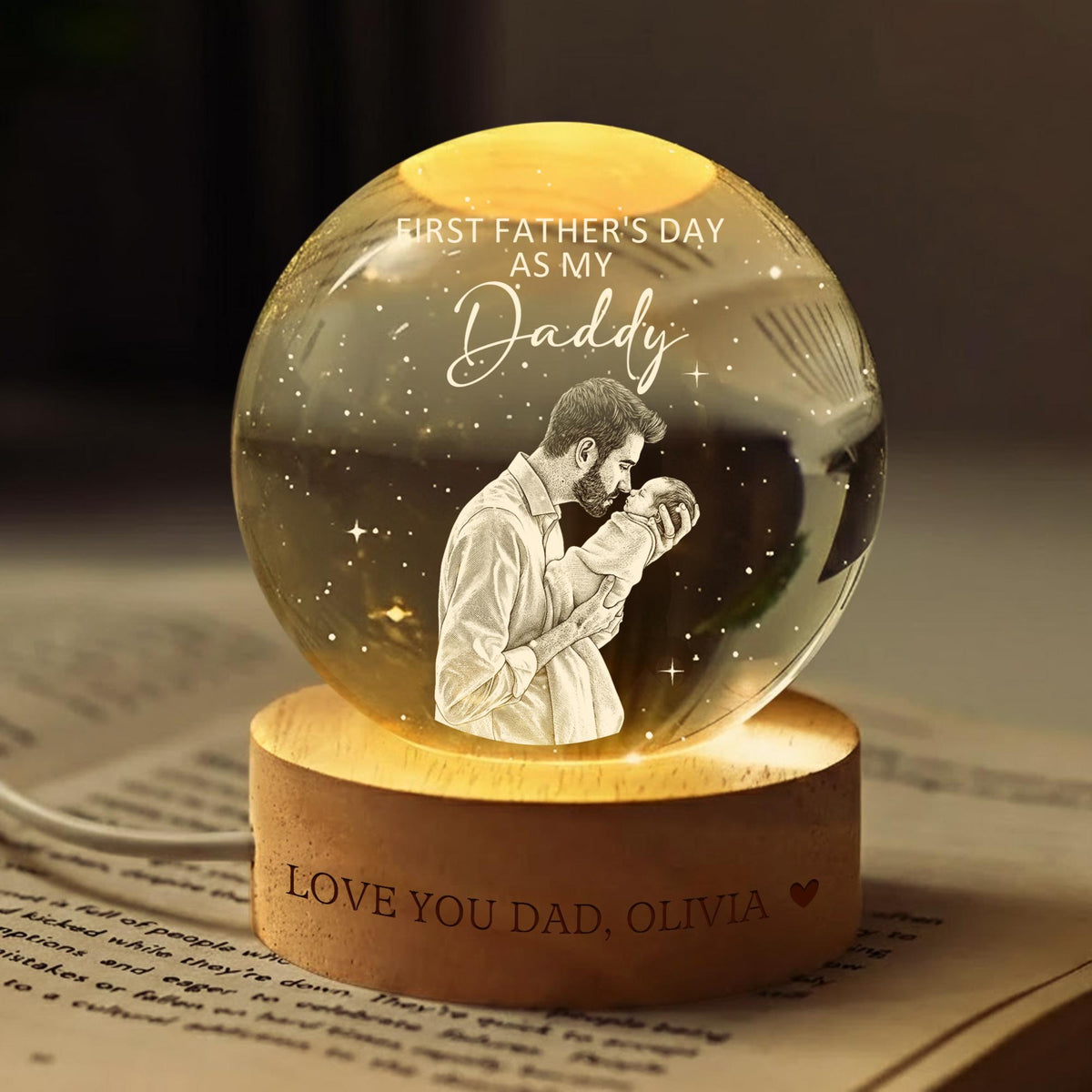 First Father's Day Ball Night Light, Personalized Dad Night Light, Custom Daddy Gift, New Dad Keepsake, LED Crystal Ball Gift For Dad