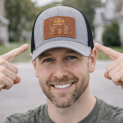 This Awesome Papa Belongs To Kids - Personalized Leather Label Net Hat - Gift For Father, Grandpa, Father's Day Gift
