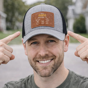This Awesome Papa Belongs To Kids - Personalized Leather Label Net Hat - Gift For Father, Grandpa, Father's Day Gift
