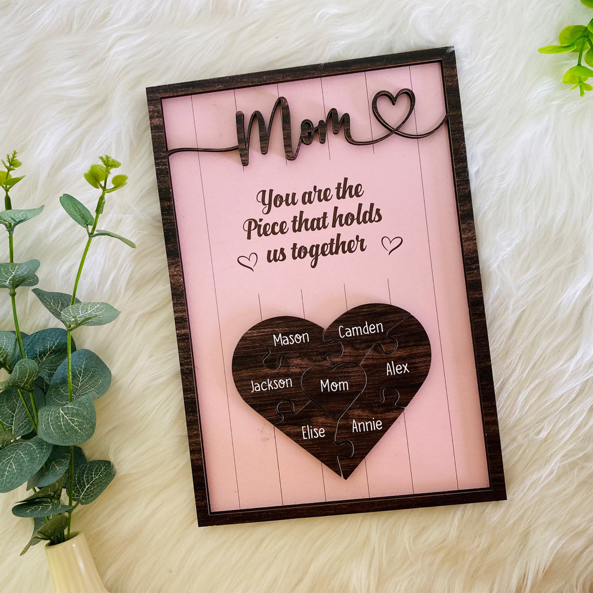 Personalized Puzzle Mom Sign Mother's Day, Love Heart Engrave With Pink Background, Gifts From Kids, Wooden Sign, Puzzle Pieces