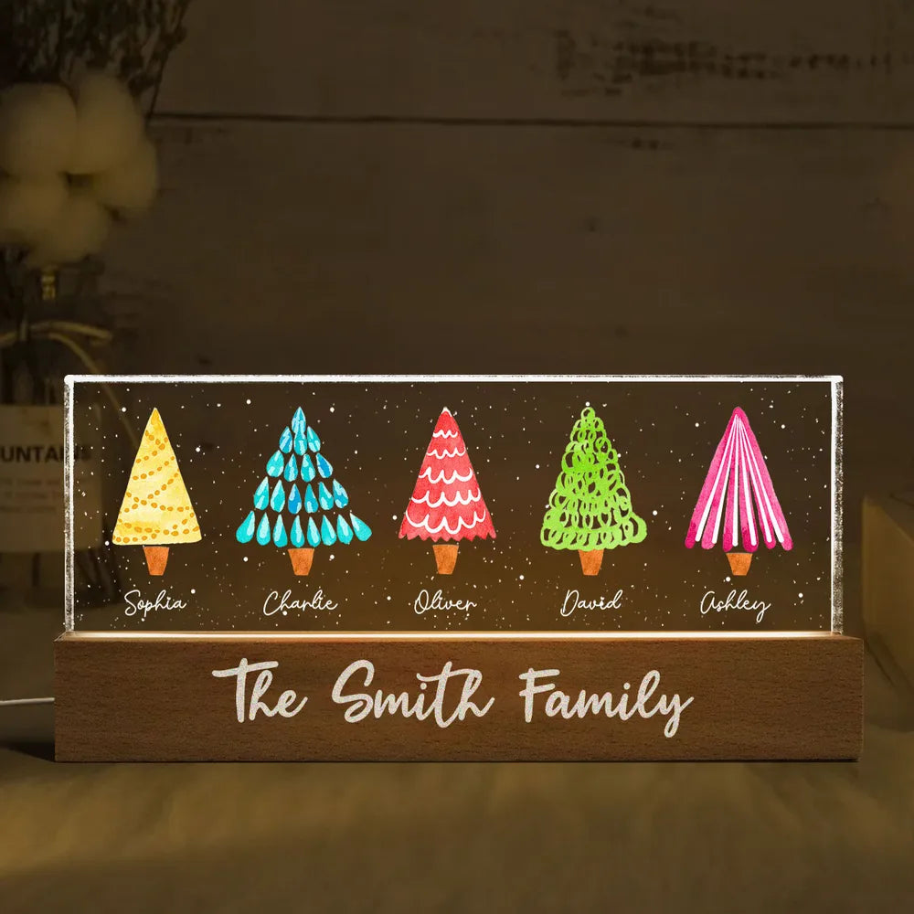 Colorful Christmas Tree Family Personalized Acrylic Block LED Night Light, Christmas Gift For Family