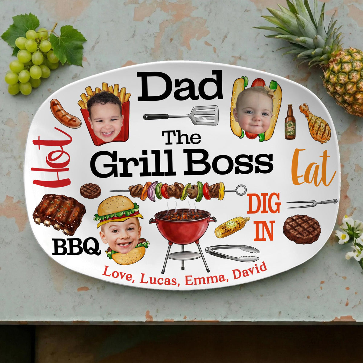 Personalized Dad Grilling Platter with Kids Faces, Funny Kids Face Platter, BBQ Dad Gift, The Grill Boss Plate, Fathers Day Gift for Husband