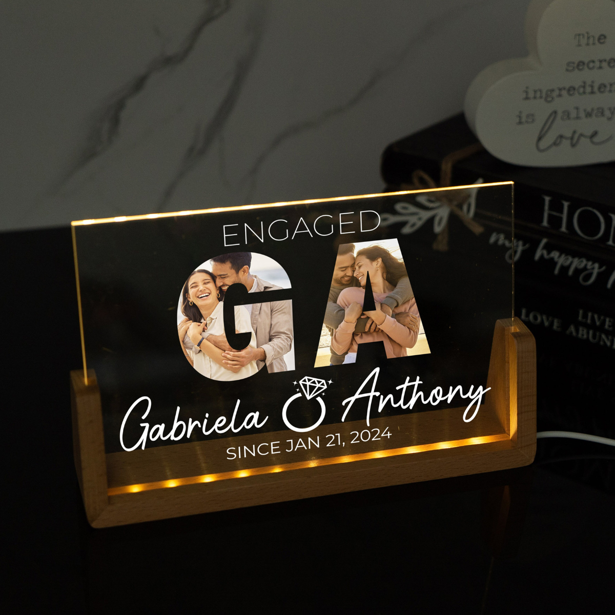 Custom Couple Engagement Picture Gift, Personalized Gifts for Couple, Couple Photo Acrylic Sign, Led Light Stand, Initial Picture Sign