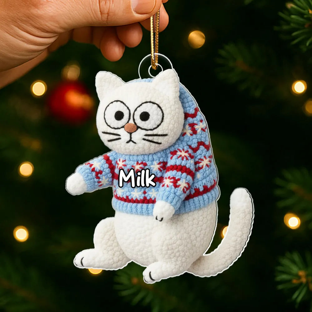 3D Effext Faux Crochet Funny Cat Hanging - Personalized Acrylic Ornament - Christmas Gift for Cat Lovers