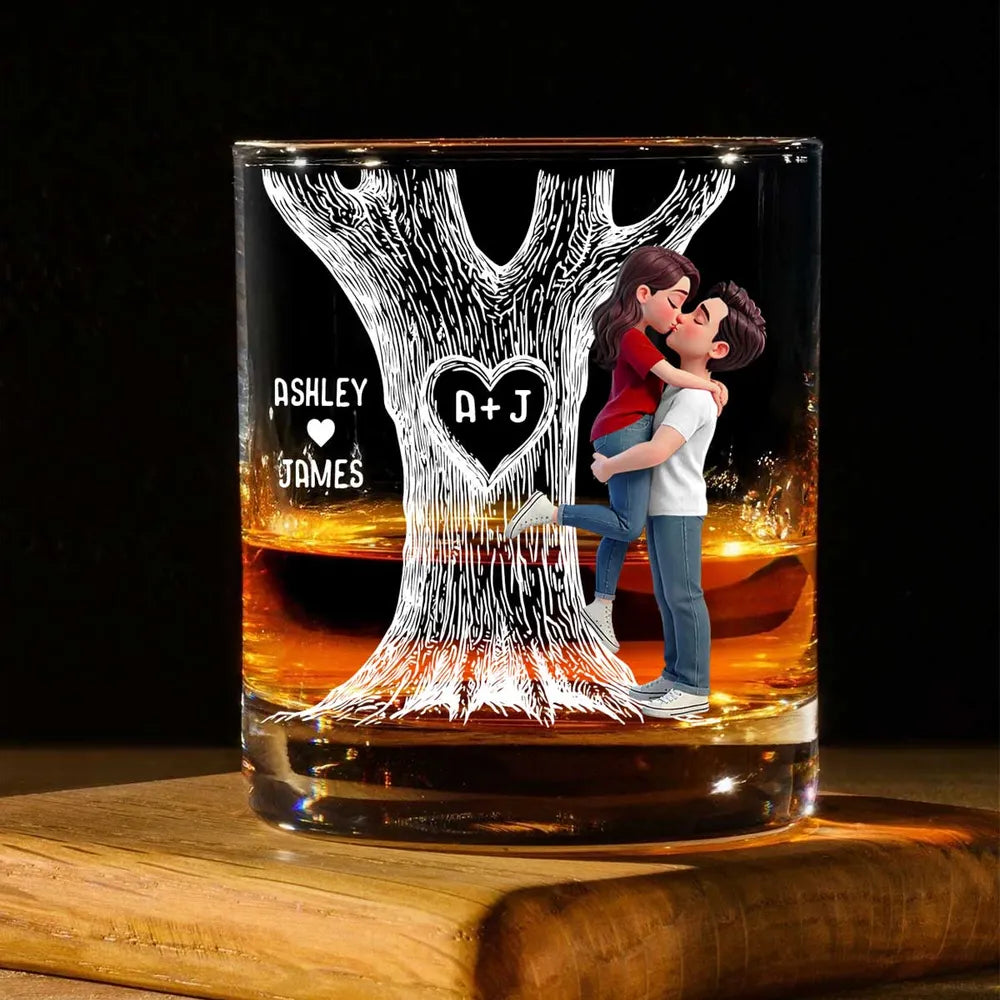 Tree Of Love Kissing Couple - Personalized Whiskey Glass - Anniversary Gift, Valentine's Day Gift For Couple