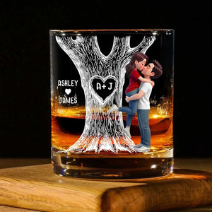 Tree Of Love Kissing Couple - Personalized Whiskey Glass - Anniversary Gift, Valentine's Day Gift For Couple