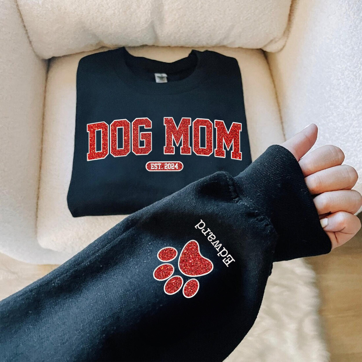 Personalized Dog Mom Embroidered Glitter Sweatshirt, Custom Nana Embroidered Dog Mama Crewneck Sweatshirt, Dog Mom Gifts, Dog Lover Gifts