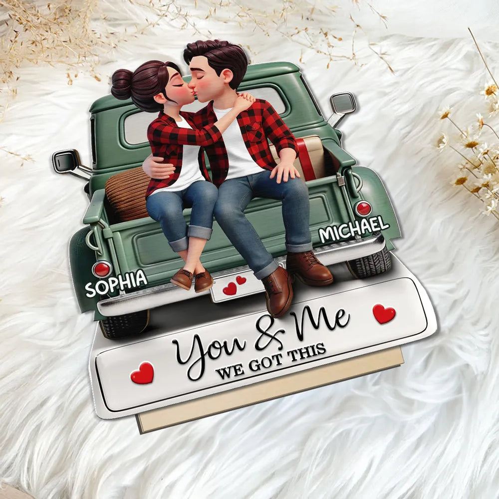 3D Kissing Couple On The Truck - Personalized Wooden Plaque With Flat Base - Valentine's Day Gift For Couple, For Him, For Her