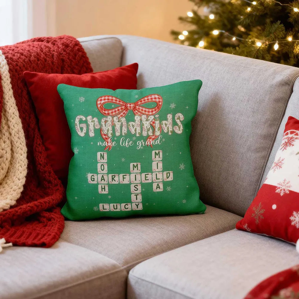 Grandkids Make Life Grand Coquette Floral Christmas Pattern Crossword Puzzle Art - Personalized Pillow - Christmas Gift For Family