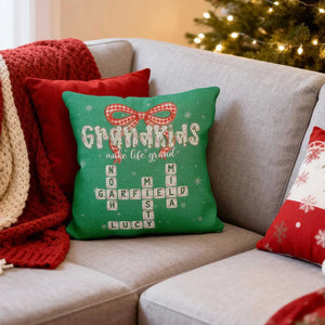 Grandkids Make Life Grand Coquette Floral Christmas Pattern Crossword Puzzle Art - Personalized Pillow - Christmas Gift For Family