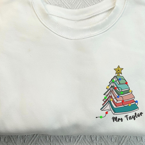 Personalized Teacher Name Christmas Book Tree Embroidered Sweatshirt, Merry Teacher Xmas Sweater, Woman Holiday Shirt for Librarian Gift