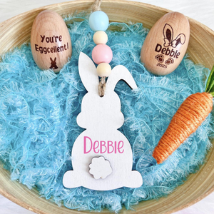 Easter Basket Bunny Wooden Name Tag Beaded, Laser Custom Easter Bunny gift tag, Personalized kid Easter Egghunt basket tag Peep Basket