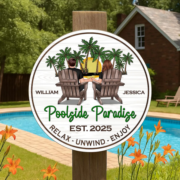 Customized Pool Sign Cute Cartoon Couple Family Poolside Paradise ...