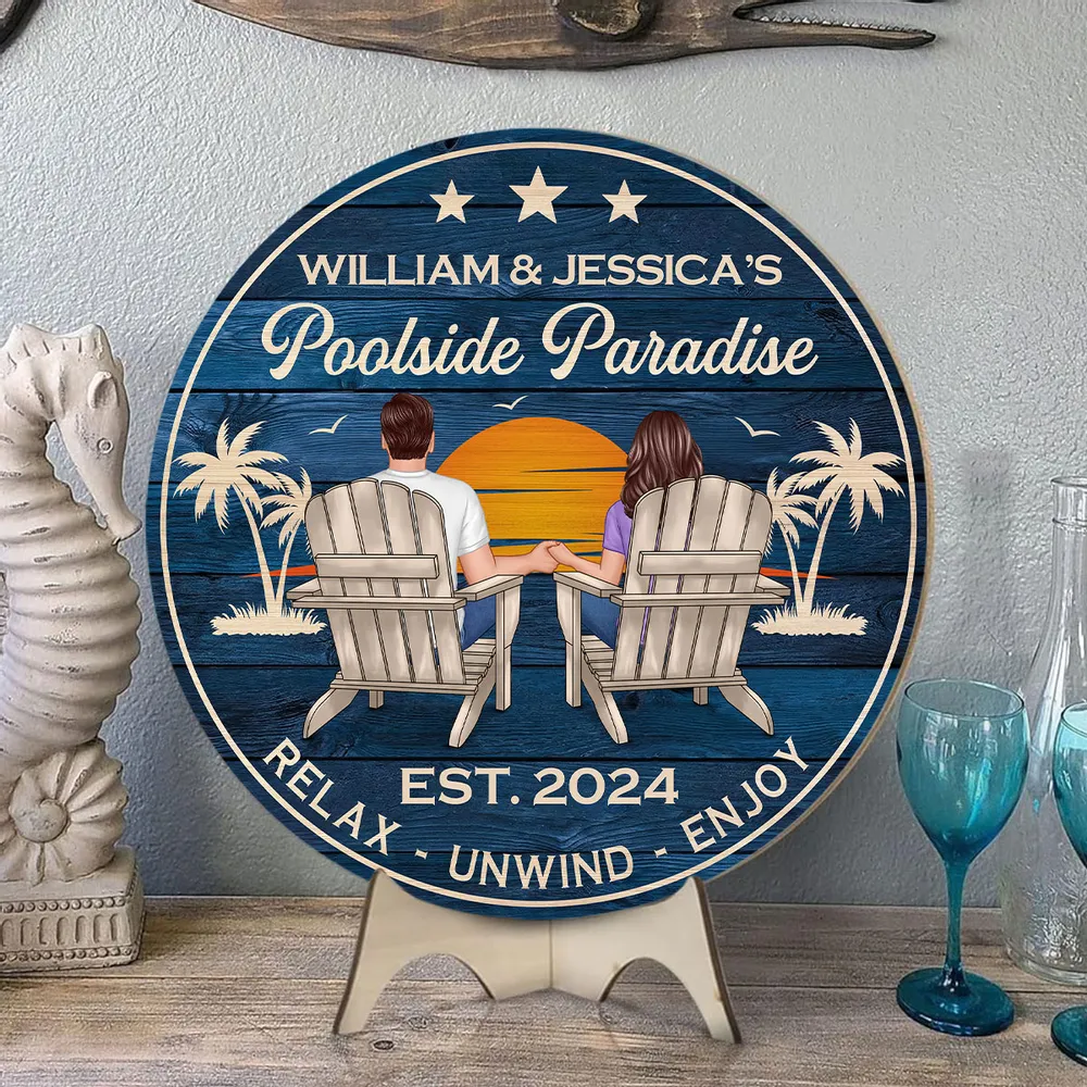 Poolside Paradise Beach Couple - Personalized Wood Sign - Gift For Couple, Summer Pool Deck, Beach House, Backyard Walls