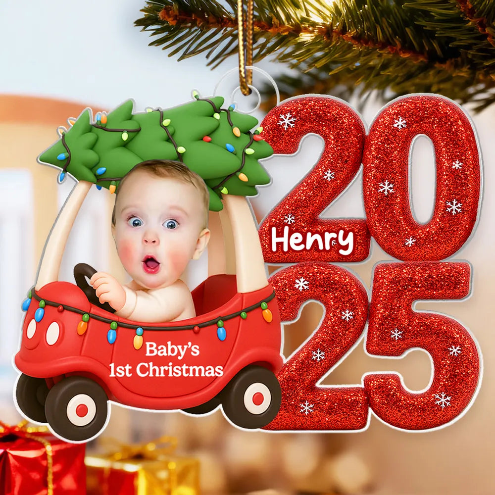 Baby In Car Upload Photo Christmas - Personalized Acrylic Ornament - Christmas Gift For New Parent, Newborn Keepsake