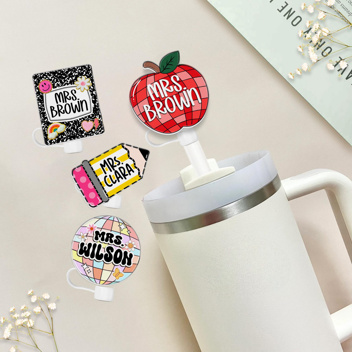 Teacher Straw Topper for Cup, Personalized Teacher Gifts, Custom Teacher Straw Cover, Gift For Teacher