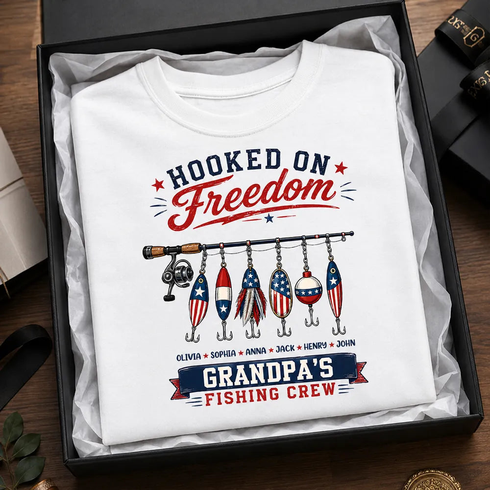 Fishing Grandpa Hooked on Freedom - Personalized Shirt - 250th Anniversary Patriot Shirt
