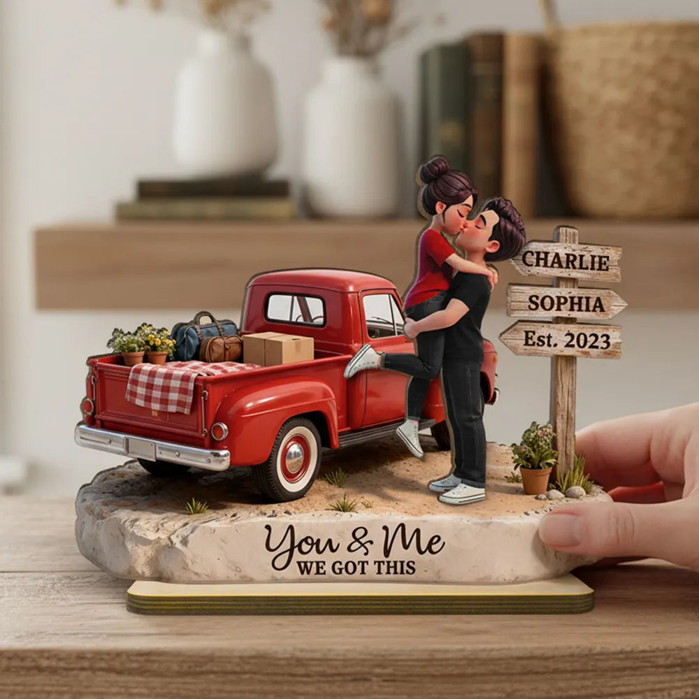 Romantic Couple Pickup Truck Farmhouse Sign Post - Personalized Wooden Plaque With Flat Base - Valentine's Day Gift For Couple, Anniversary Gift