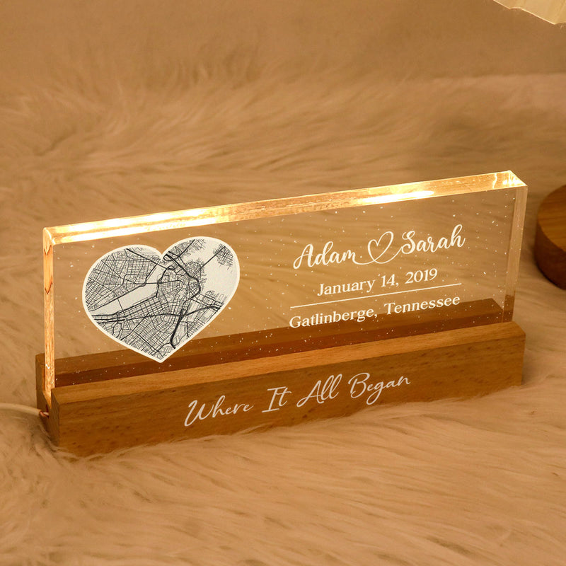 Where It All Began Couple Location, Personalized LED Light Wooden Base, Engagement Gift, Anniversary Gift, Heartfelt Keepsake For Couples