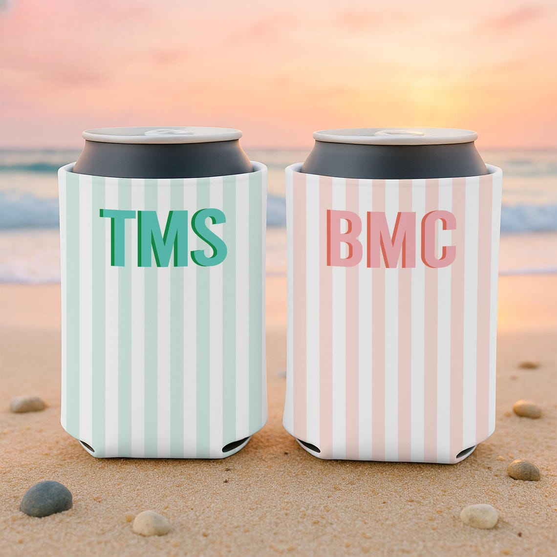 Monogram Bachelorette Slim Can Cooler, Personalized Name Coastal Bach Club Drink Sleeves, Beach Bachelorette Bridal Party Favors