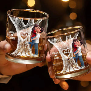 Tree Of Love Kissing Couple - Personalized Whiskey Glass - Anniversary Gift, Valentine's Day Gift For Couple