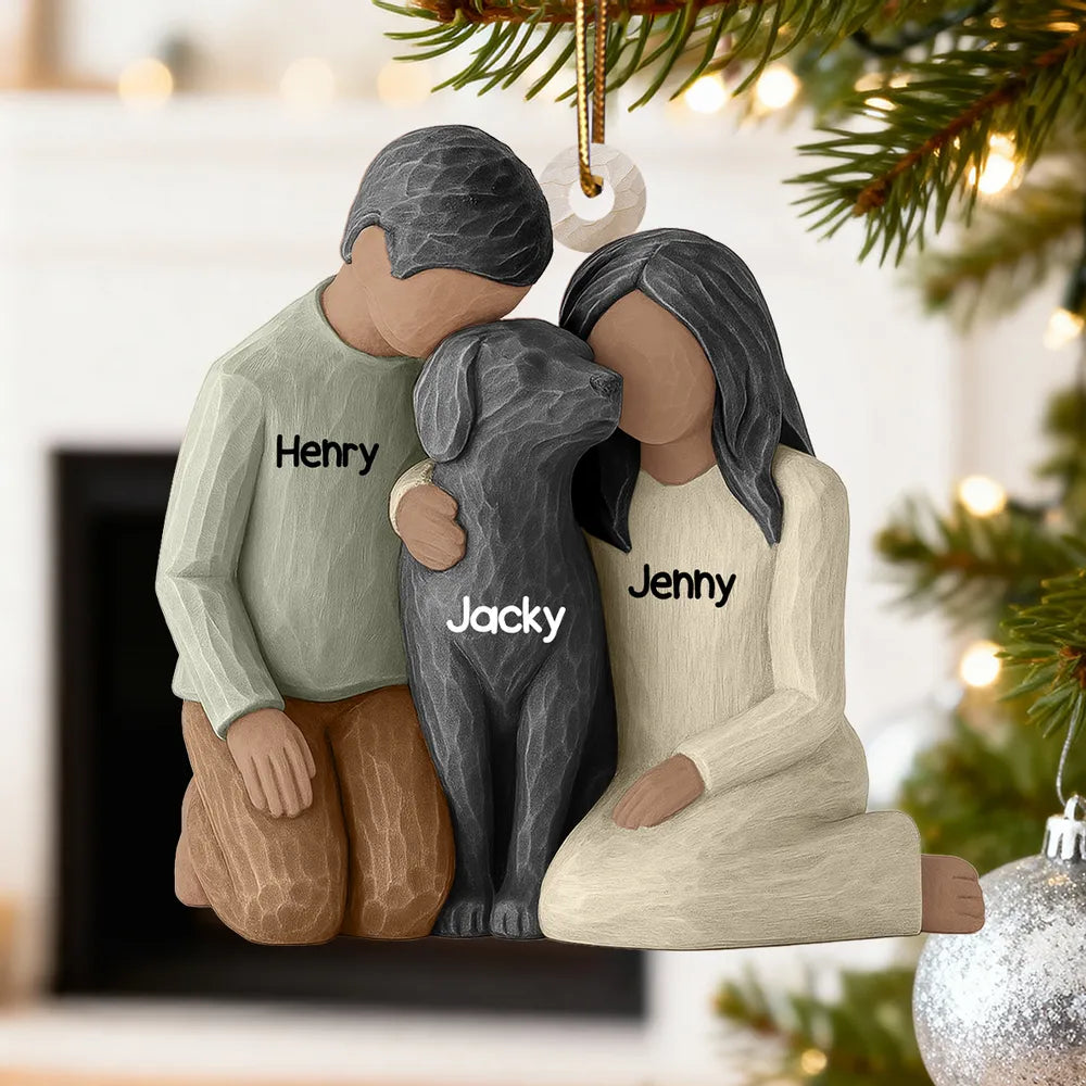 Couple and the Dogs 3D Effect - Personalized Wooden Ornament - Christmas Gift for Couple Dog Owners