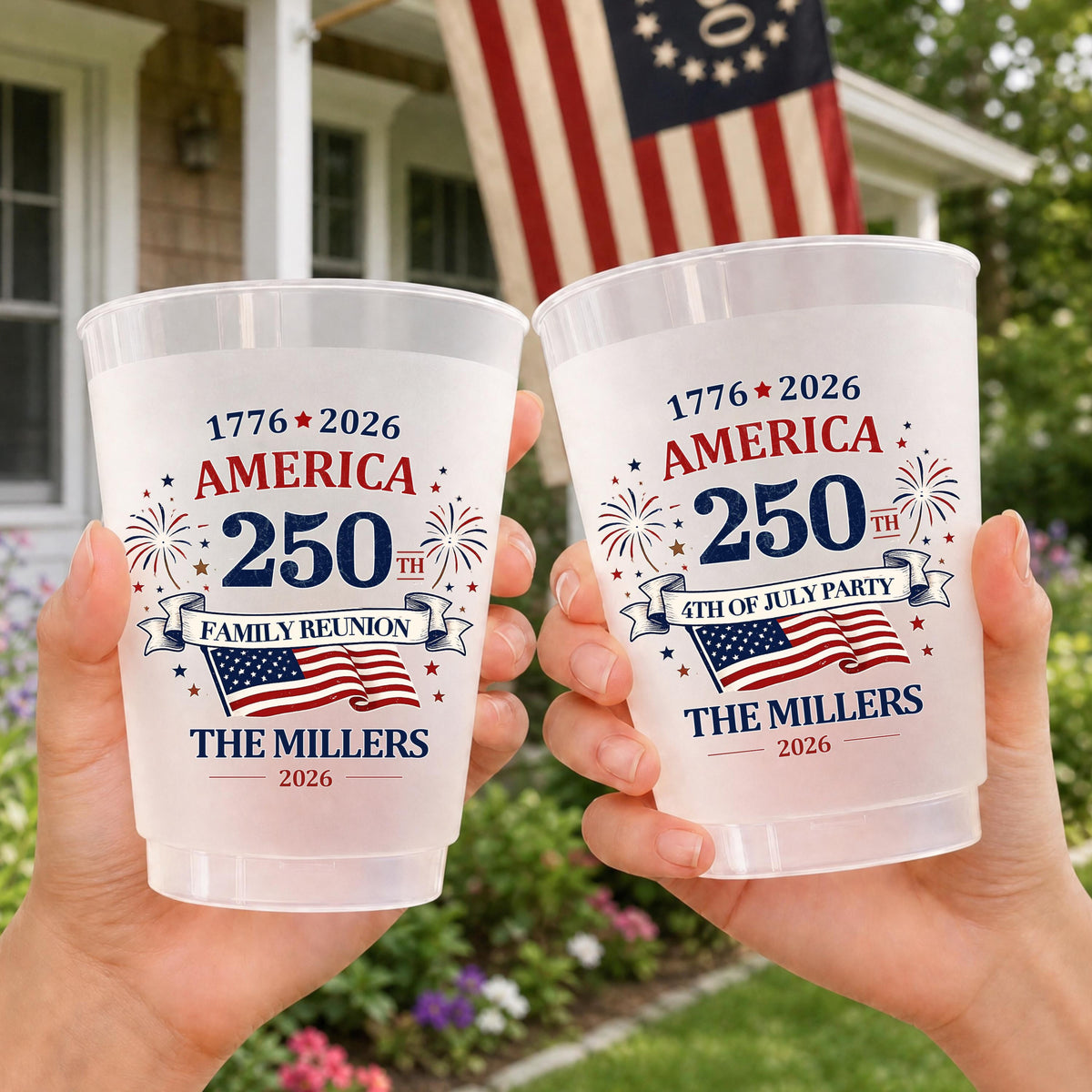 Custom Frosted Cups for Independence Day, 4th of July Party Cups, America 250 Patriotic Family Reunion BBQ Picnic Favors