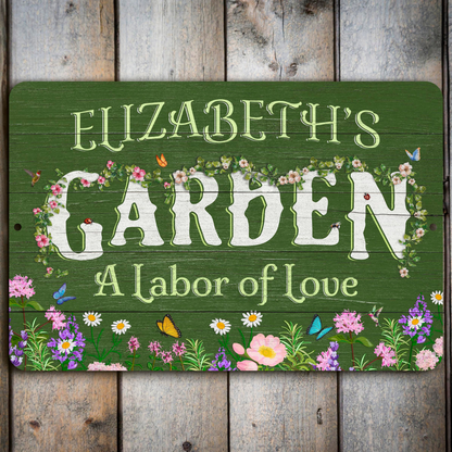 Personalized Flower Garden Sign, Weathered Wood Design, Metal Garden Decor