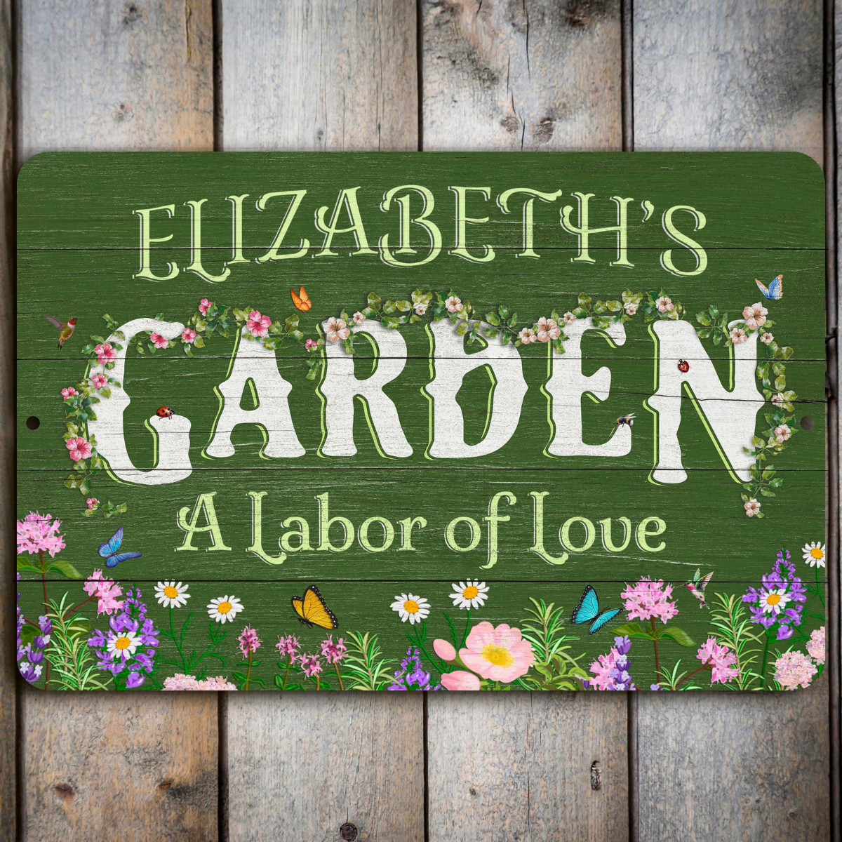 Personalized Flower Garden Sign, Weathered Wood Design, Metal Garden Decor