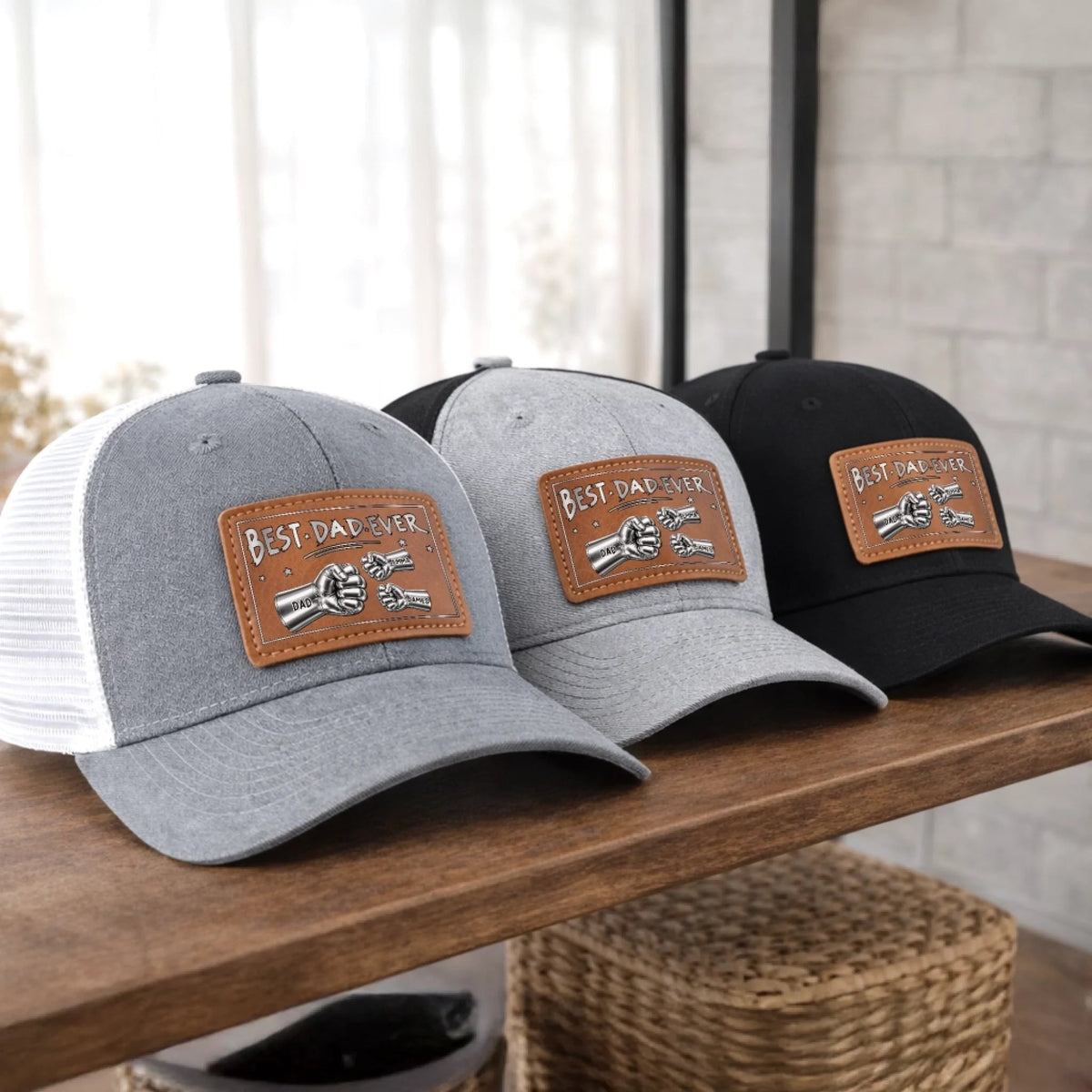 Best Dad Ever Steel Fist Bumps - Personalized Leather Label Net hat - Gift For Dad Papa, Father's Day Gift