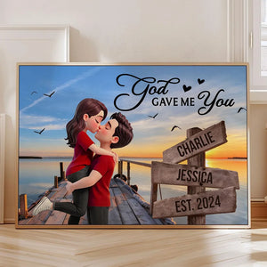 Lake Dock Sign Posts Kissing Couple - Personalized Canvas - Anniversary Gift, Valentine's Day Gift For Couple