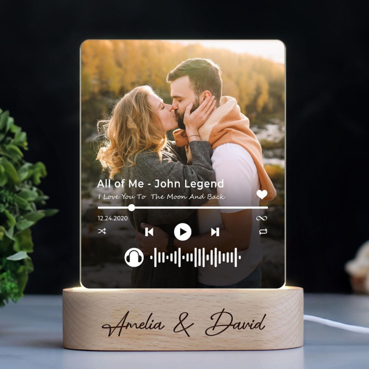 Custom Your Favorite Song Upload Full Photo - Personalized 3D LED Light Wooden Base - Gift For Couple