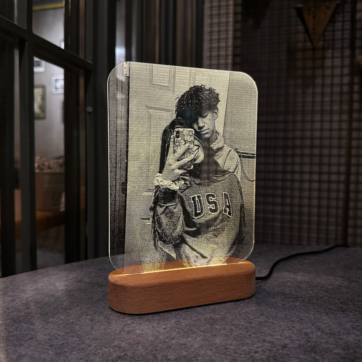 Custom Picture Night Light Wooden Base, Anniversary Gift For Couple, Wedding Gift Couple