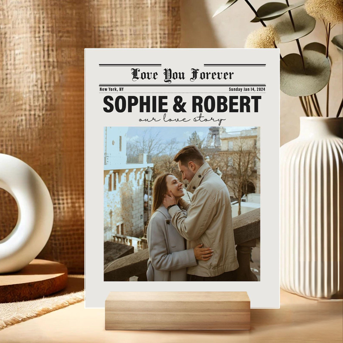 Personalized Couple Newspaper Acrylic Plaque, Valentines Day Gift, Custom Photo Collage Night Light, Gifts For Him, Her, Anniversary Gifts