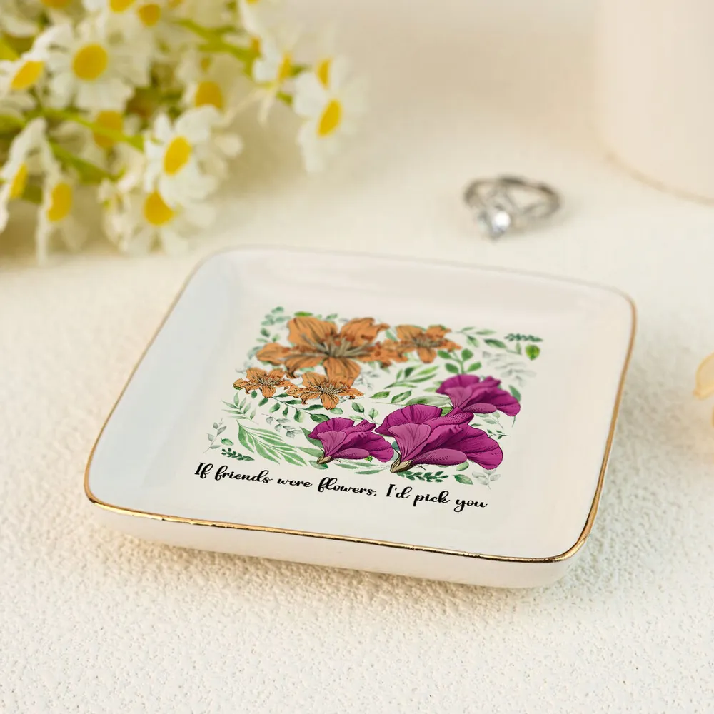 Sisters Besties In Bloom Birth Month Flowers - Personalized Jewelry Plate - Gift For Friends, Besties