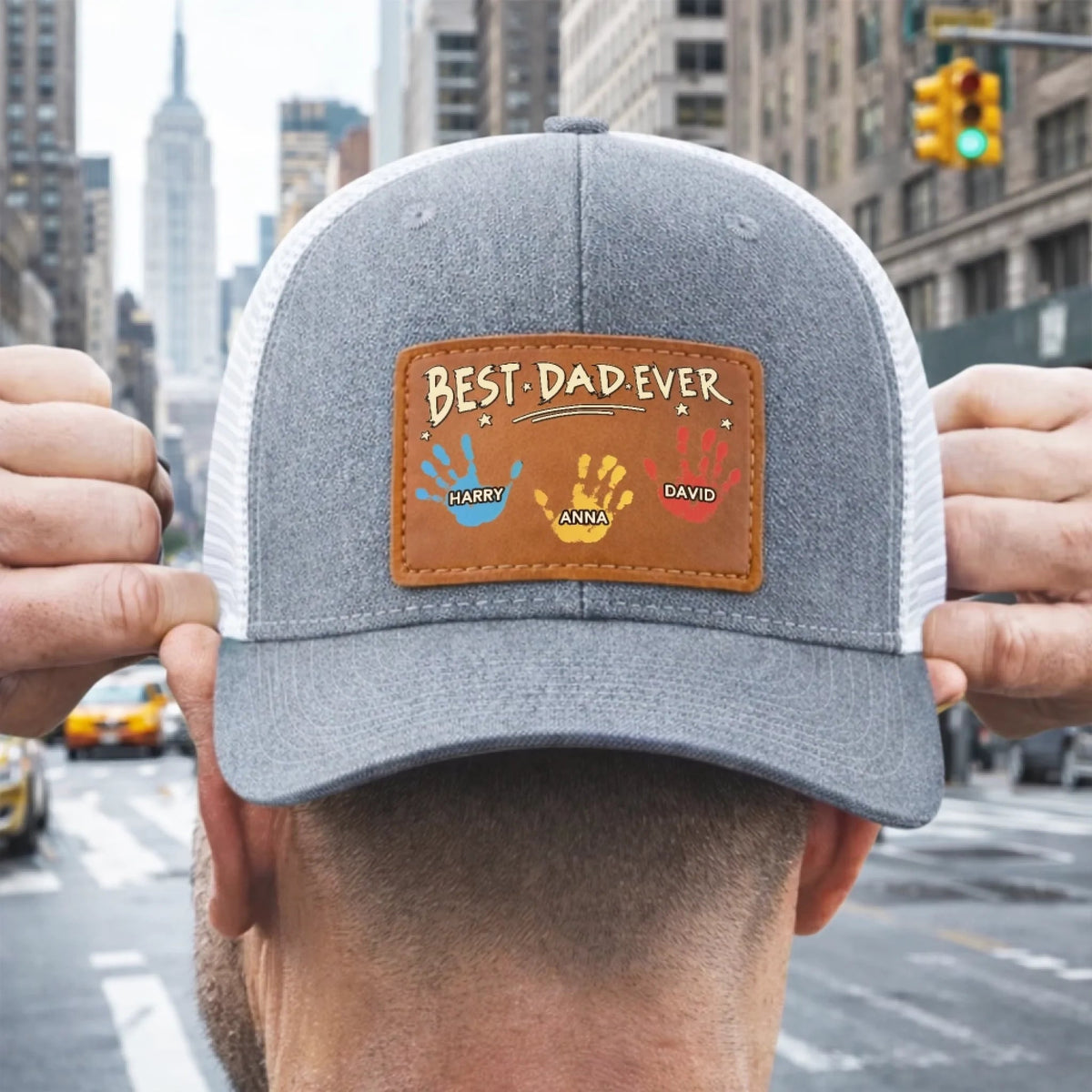 Best Dad Ever Hand Prints - Personalized Leather Label Net Hat - Gift For Father, Grandpa, Father's Day Gift