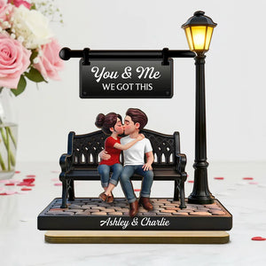 3D Couple Kissing Under Lamp Post - Personalized Wooden Plaque With Flat Base - Valentine's Day Gift For Couple