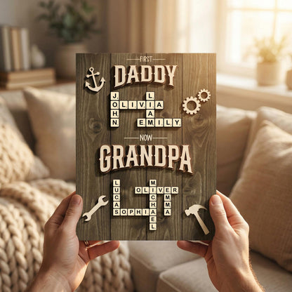 Personalized Scrabble Family Name Sign, First Dad Now Grandpa Wooden Frame, Fathers Day Gift For Grandpa With Kids Name,Dad Puzzle Sign Gift