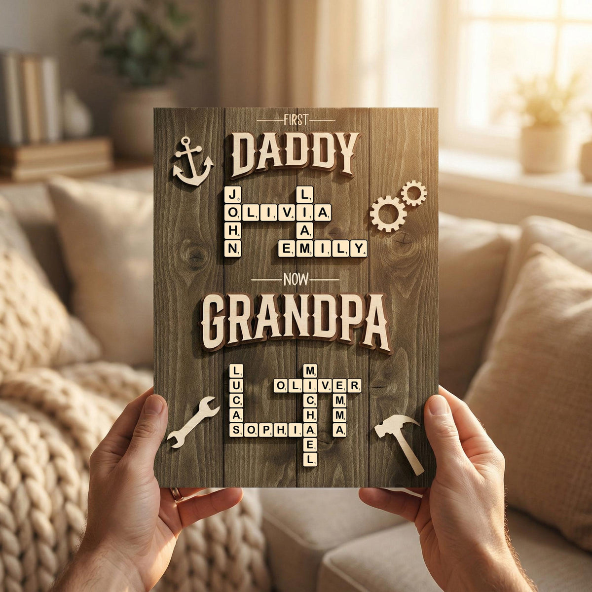 Personalized Scrabble Family Name Sign, First Dad Now Grandpa Wooden Frame, Fathers Day Gift For Grandpa With Kids Name,Dad Puzzle Sign Gift