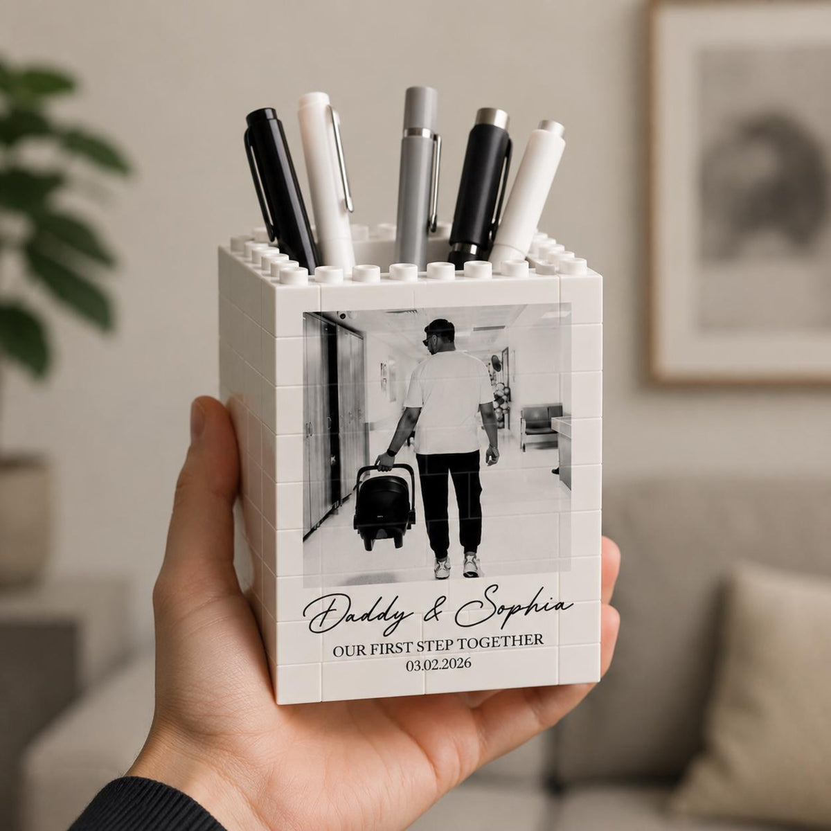 Custom Photo Father's Day Brick Pencil Pot, First Journey Together, Dad Gift from Baby, Gift for Husband, Gamer Dad Gift, Father Daughter