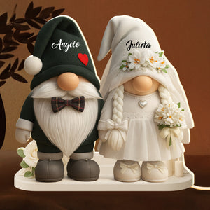 Groom And Bride Gnome With Hearts And Flowers - Personalized Acrylic LED Light Box - Valentine's Day Gift For Couples