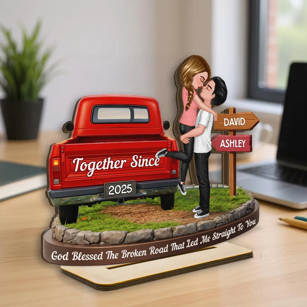 God Blessed The Broken Road - Personalized Wooden Plaque - Valentine's Day Gift for Couple, Anniversary Gift