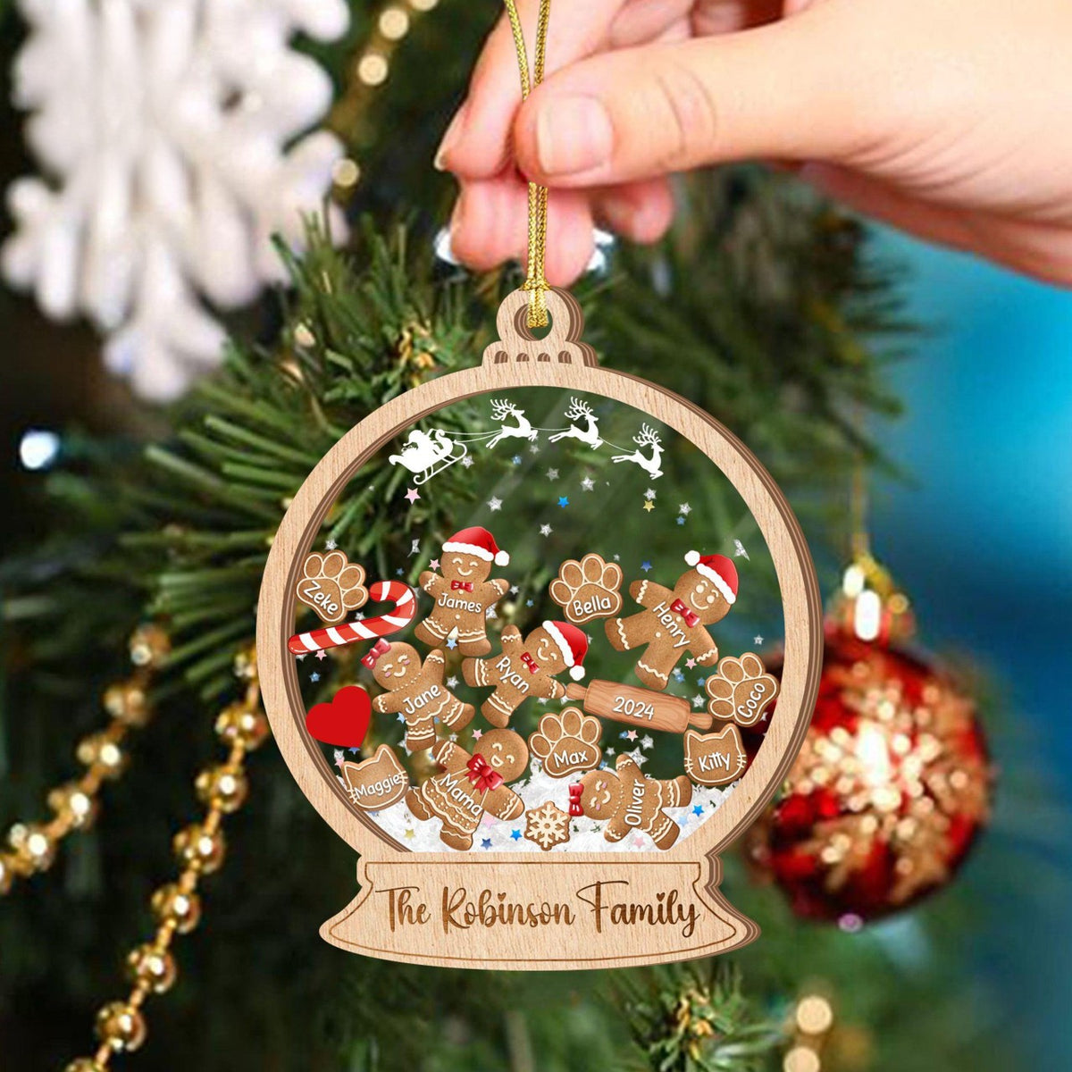 Gingerbread Family With Dog & Cat - Personalized 4D Shaker Ornament - Christmas Gift For Family