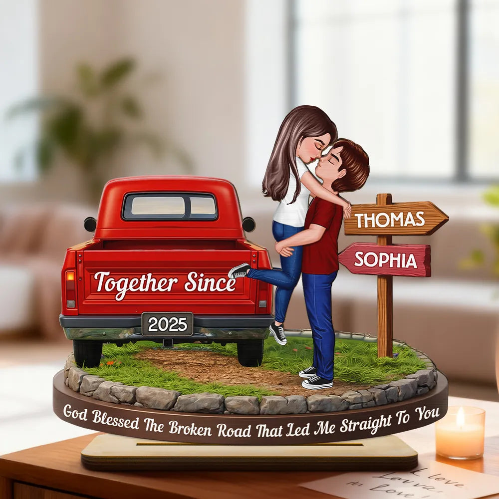 God Blessed The Broken Road - Personalized Wooden Plaque - Valentine's Day Gift for Couple, Anniversary Gift